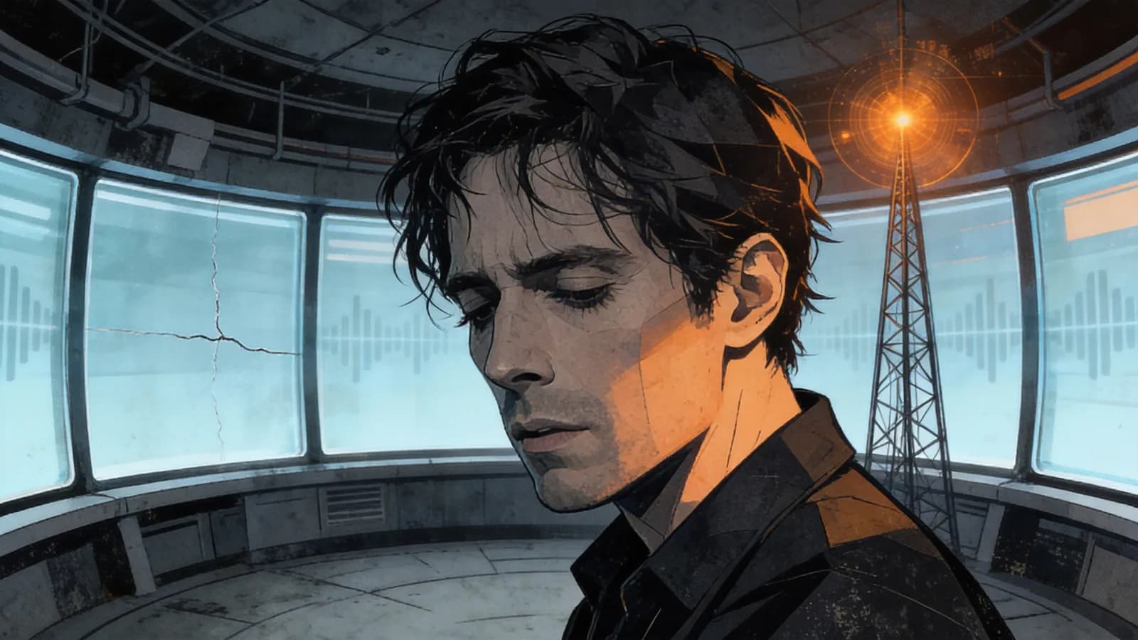 Illustration of a male figure with dark hair and closed eyes inside a circular control room with cracked windows and a radio tower emitting signals outside.